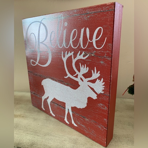 Believe Wooden Slat Box Sign With Reindeer Quill to Paper by Sixtrees - Picture 2 of 7